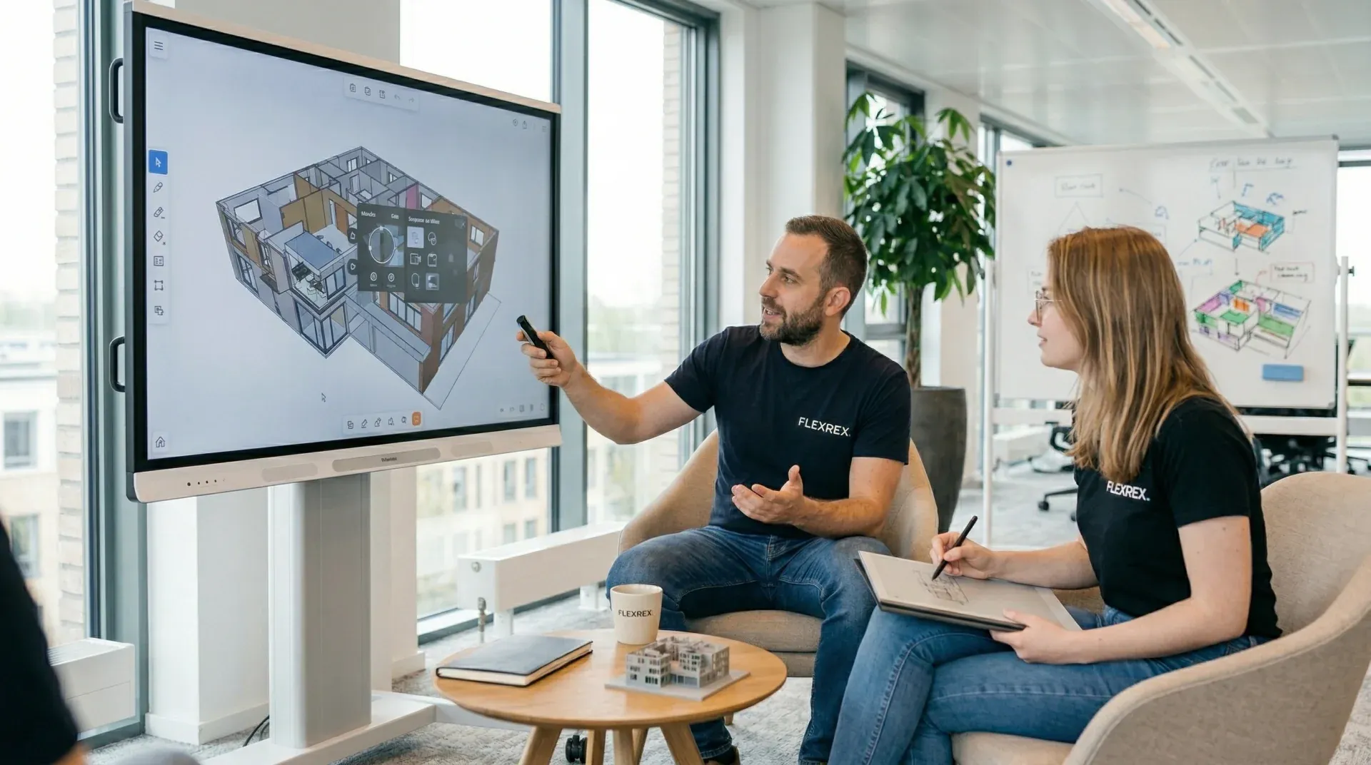 Team member presenting a 3D model during a review session